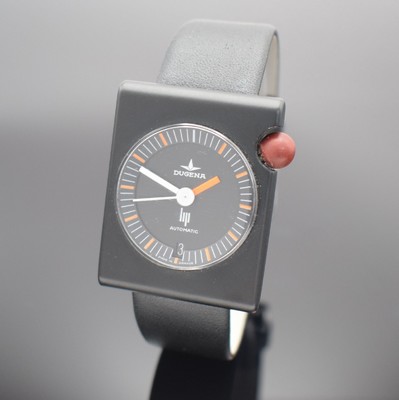 DUGENA / LIP seltene Herrenarmbanduhr Modell Tallon, Frankreich um 1975, Automatik, rechteckiges, schwarz beschichtetes Metallgeh., geschr. ...