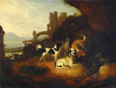 Adriaen Cornelisz Beeldemaker, 1618 Rotterdam- 1709 Den Haag, Hundemeute vor idealisierter Landschaft mit Burgruine, Öl/Lwd, rest., doubl., rechts ...