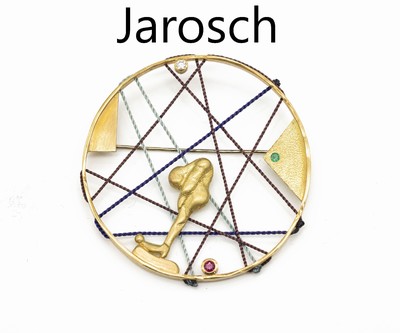 21 kt Gold Designerbrosche Goldschmiede JAROSCH/Mannheim, GG 900/000, UNIKAT, Handarbeit, 1 Brillant ca. 0.08 ct Weiß/si, 1 kl. Smaragd, 1 kl. ...