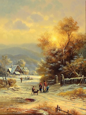 Herbert Duttler, geb. 1948 Weilheim, Abendrot über einer Winterlandschaft mit Personen, Öl/Holz, signiert, ca. 23x17cm, R. ca. 37x31cm