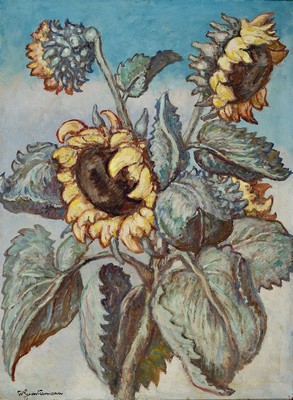 Wilhelm Guntermann, 1887 - 1976 Hollerbach, Blumenstillleben mit Sonnenblumen, Öl/ Malplatte, signiert, rückseitig beschriftet Des N.O.K München/B ...