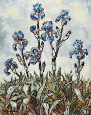 Wilhelm Guntermann, 1887 - 1976 Hollerbach, Blumenstillleben mit Schwertlilien, Öl/Lwd signiert, ca. 80 x 65 cm, Rahmen: 97 x 79 cm