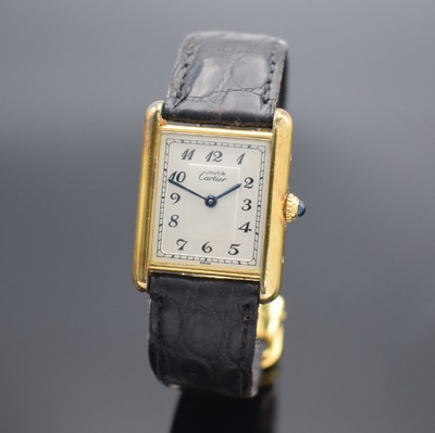 CARTIER Damenarmbanduhr Tank Vermeil Referenz 590005, Schweiz um 1990, quarz, 2-teil., verg. Silbergeh. inkl. Lederband (zu ern.) mit orig. ...