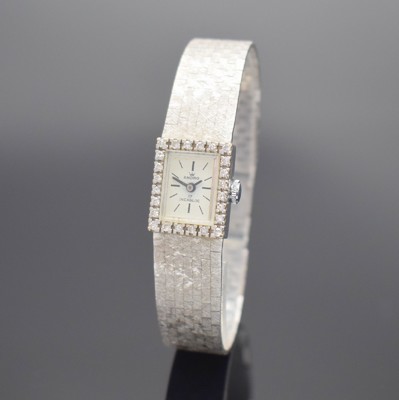 ANDRO Damenarmbanduhr in WG 585/000, Schweiz um 1960, Handaufzug, 2-teil. Geh., Boden aufgedr., WG 585/000 Armband, weißes Zifferbl., schwarze ...