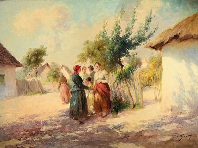 Acs Agoston, 1889 Budapest - 1947, ungarische Dorfszene mit Frauen und Mädchen, Öl/Lwd, re. u. signiert, ca. 60 x 80 cm, Rahmen l. besch., ca. 73 x ...