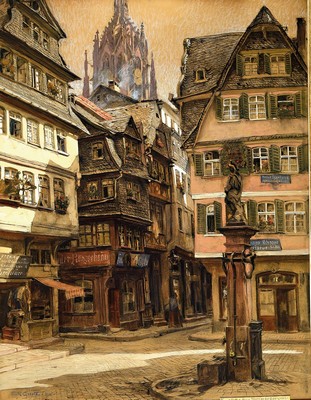 Fritz Graetz, 1875 Frankfurt/M - 1915 Serbien, Frankfurt am Main, Platz an der Saalgasse, Kreidezeichnung aquarelliert und weiß gehöht, li. u. ...