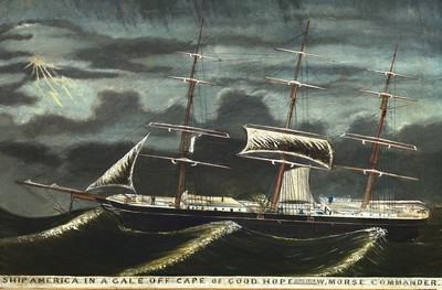 Kapitänsbild, wohl USA um 1856, bez. Ship America In A Gale Off Cape Of Good Hope June 1856 W. Morse Commander, Öl/Lwd, ca. 60 x 90 cm, vergoldeter ...
