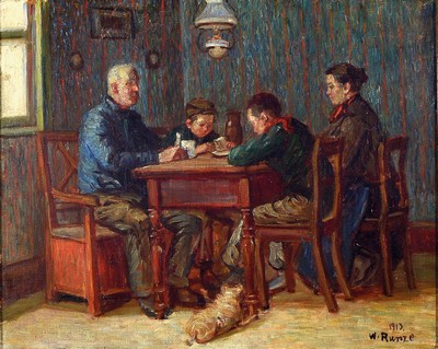 Wilhelm Runze, 1887 Frankfurt - 1927, Interieur, Eltern mit Kindern in der Stube, Öl/Lwd, re. u. signiert und dat. 1913, ca. 40 x 50 cm