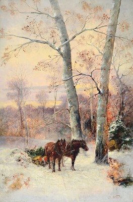 J. Vernier, 2. Hälfte 19. Jh., Winterlandschaft mit Pferdefuhrwerk, Waldarbeiter schlägt und transportiert Tannenbäume, Öl/Lwd, gekonnte Malerei ...
