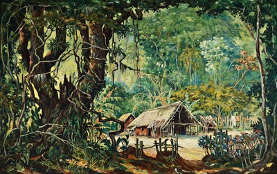 Otto Arnold, 30/40er Jahre, Urwaldlandschaft mit Hütte, Öl/Lwd, re. u. signiert und dat. 1939, ca. 76 x 120 cm, Rahmen