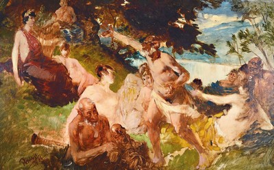 Hermann Emil Pohle, 1863-1914 Düsseldorf, antikes Gelage unter Bäumen am Ufer eines Sees, Öl/Lwd, links unten signiert Pohle jr. und dat. Ddf 86, ...