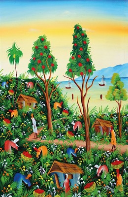 M. Laguerre, haitianischer Künstler der 2 .Hälfte des 20.Jh., 1970er/80er-Jahre, exotische Dorflandschaft, signiert,