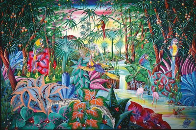 Jonas Duperme, haitianischer Künstler des 20 .Jh., exotische Dschungel-Szene, idealisiert-folkloristische Darstellung im Duktus Henri Rousseaus und ...