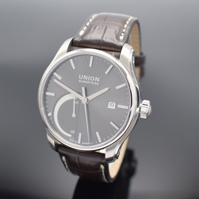 UNION GLASHÜTTE Belisar Herrenarmbanduhr in Stahl, Deutschland um 2010, Automatik, Ref. D.002.424 A, beids. vergl. Geh., Boden 8-fach verschr., ...