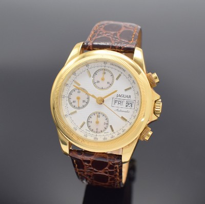 JAGUAR Herrenarmbanduhr mit Chronograph in GG 750/000, Schweiz um 1995, Automatik, verschr. Geh., weißes Zifferbl., Hilfszifferbl. m. Perlmutt, ...