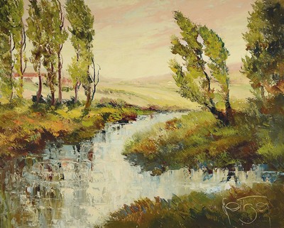 Karl Philipp Spitzer, 1887-1954 Speyer, von Pappeln gesäumter Bachlauf, Öl/ Hartfaser, signiert, ca. 82x102cm, R. ca. 102x120cm