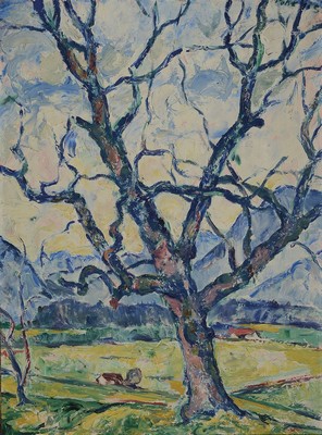 Herbert Pohris, 1896 Tarnowitz/Oberschlesien- 1971 Kampen, Knorriger Baum vor Berglandschaft, Öl/Hartfaser, rechts oben signiert, ca. 80x60cm, R. ...