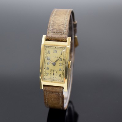 LACO Herrenarmbanduhr in GG 585/000, Handaufzug, Deutschland um 1938, Scharnierboden, gold. Zifferblatt m. arab. Leuchtzahlen l. fl., gebl. ...