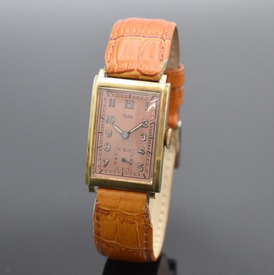 RIKA Armbanduhr in GG 585/000, Handaufzug, Deutschland um 1940, Scharnierboden, rotverg. Zifferblatt m. arab. Leuchtzahlen l. fl., gebl. ...
