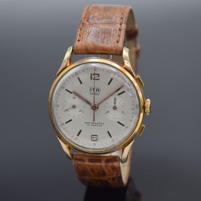 ITA Geneve Armbandchronograph, Schweiz um 1945, Handaufzug, verg. Geh., Edelstahlboden aufgedr., silb. Zifferbl. m. arab. Zahlen & Indizes, gold. ...