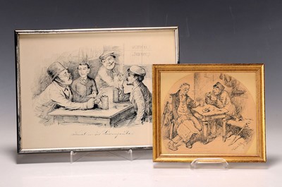 Zwei Illustrationen, um 1900/20, a. Köselitz Tuschfederzeichnung, signiert, ca. 14 x 16 cm, b. Litho vom Georg Mühlberg, Litho, Daniel in der ...