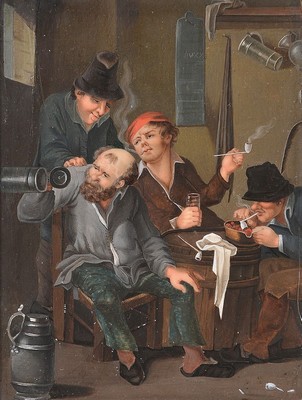Miniaturmalerei, 2. Hälfte 19. Jh. nach niederländischem Vorbild, trinkende und rauchende Bauern, feine Miniaturmalerei, unsigniert, ca. 13 x 10 ...