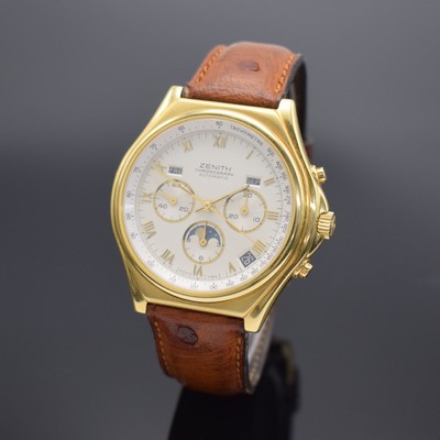 ZENITH Academy El Primero Herrenchronograph mit Vollkalender in GG 750/000 Referenz 30.0150.418, Schweiz um 1985, Automatik, teils matt. Geh., ...