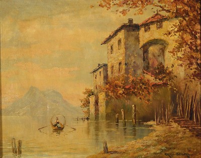 Prof. Erich Spörl, Künstler des 20.Jh., Münchner Schule, "Abend in Tessin" Partie am Gardasee, rechts unten signiert, Öl/Lwd, Rahmen, ...