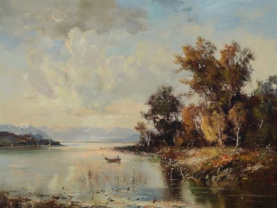 Ingfried Paul Henze Morro, 1925 Leipzig - 2013, Studium an den Akademien Leipzig und München, "Am Chiemsee", so verso bez., Uferlandschaft ...