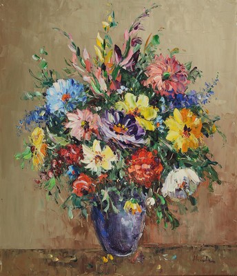 Ingfried Paul Henze Morro, 1925 Leipzig - 2013, Studium an den Akademien Leipzig und München, sehr buntes Blumenstillleben in pastosem Farbauftrag, ...