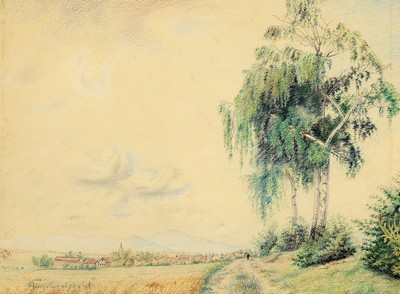 August Croissant, 1870 Edenkoben - 1941 Landau,Studium der Kunstgewerbeschule Kaiserslautern und Nürnberg, hier: Zeichnung, Ansicht pfälzer ...