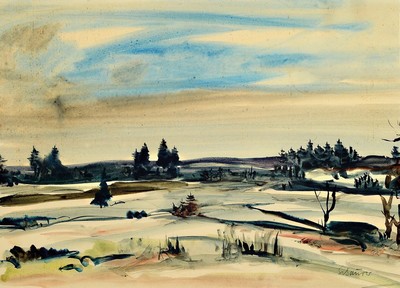 Schäurer, Künstler des 20.Jh., Aquarell, Winterlandschaft, unter PP und Glas gerahmt, ca. 43x58 cm