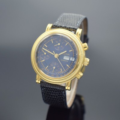BULOVA Herrenarmbanduhr mit Chronograph, Schweiz um 1990, Automatik, 2-teil. verg. Geh., vergl. Boden aufgedr., dunkelblaues Zifferbl., gold. ...
