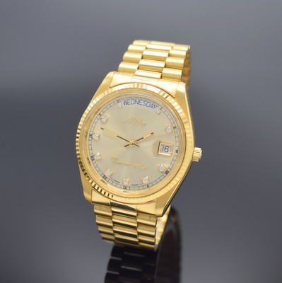 MIDO Commander Herrenarmbanduhr, Schweiz um 1990, Automatik, Ref. 8299, verg. Monocoque- Geh., verschr. Krone, orig. Gliederband m. Faltschl., gold. ...