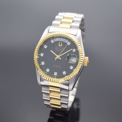BULOVA Super Seville Day & Date Armbanduhr, Schweiz um 1990, Automatik, verschr. Geh. in Edelstahl & Gold, Gliederband m. Faltschl., schwarzes ...