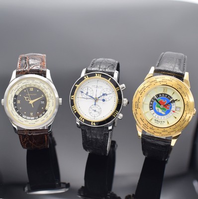 3 Herrenarmbanduhren mit Quarz-Werken, 1) Hamilton in Stahl mit Weltzeit-Anzeige, D. ca. 38 mm, EZ 2, 2) Hamilton Chronograph in Stahl, D. ca. 36 mm, ...