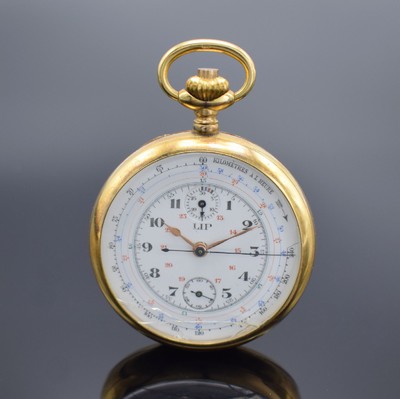 LIP Taschenuhr mit Chronograph, Schweiz f. franz. Markt um 1920, verg. Gehäuse, Emailzifferbl. m. arab. Zahlen, gold. Birnenzeiger, gebl. ...