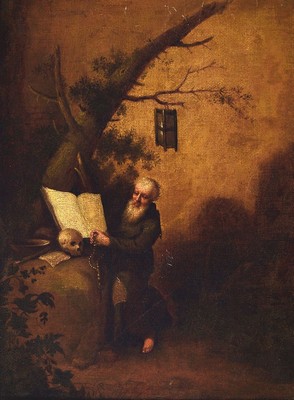 Unbekannter Künstler des 18. Jh., Eremit im Wald, lesend und den Rosenkranz betend, Öl/Lwd, rest., doubl., ca. 30x23cm, R. ca. 43x35cm, Rahmen mit ...
