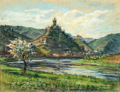 H. Matern, datiert (19)57, Blick auf Burg Cochem an der Mosel, Pastell auf Bütten, rechts unten signiert und dat., ca. 47x62cm, u.Gl., R. ca. 58x73cm