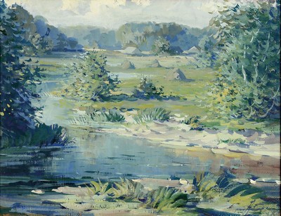 Arnolds Spalvins, 1911-1948, litauischer Künstler, Flusslandschaft mit Bäumen, im Hintergrund eine Ortschaft, ca. 47x60cm, u.Gl., R. ca. 52x65cm