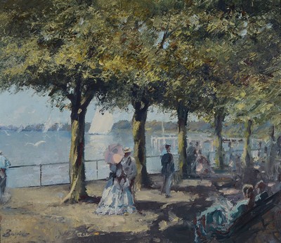 Unbekannter Künstler des 20. Jh., Flanierende Menschen unter Bäumen einer Uferpromenade, Öl/Lwd, impressionistische Malweise, links unten ...