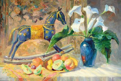 Unbekannter Künstler, wohl Russland, 20. Jh., Stillleben mit Lilien, Schaukelpferd und Obst, Öl/Lwd, links unten unleserlich signiert, ca. 60x90cm, ...