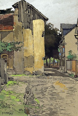 Hermann Schlegel, 1860 Coburg-1917 Darmstadt, war ab 1882 Theatermaler am Darmstädter Hoftheater, hier: 2 aquarellierte Tuschzeichnungen, beide ...