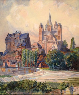 Fritz Velte, Maler um 1900, Blick auf den Limburger Dom, Aquarell auf Papier, links unten signiert, ca. 29x24cm, u.Gl., R. ca. 38x33cm
