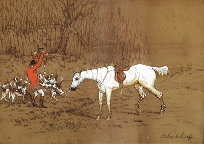 Unbekannter Künstler, England, um 1900, drei Szenen mit Parforcejagden, Bleistiftzeichnungen mit Deckweiß und roter Gouache gehöht, je ca. ...