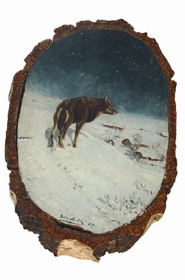 Otto Dill, 1884 Neustadt an der Weinstraße-1957 Bad Dürkheim, Wolf in verschneiter Winterlandschaft, Öl auf Birkenholzscheibe mit Borke, signiert ...