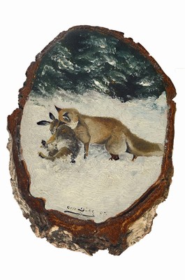 Otto Dill, 1884 Neustadt an der Weinstraße-1957 Bad Dürkheim, Fuchs mit erlegtem Hase in verschneiter Winterlandschaft, Öl auf Birkenholzscheibe ...