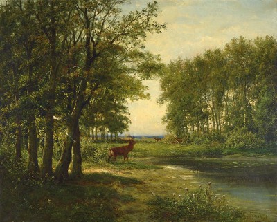 Ungedeuteter Künstler des späten 19./frühen 20.Jh., stimmungsvolles Waldinterieur mit Hirschen, rechts unten unleserlich signiert, Öl/Lwd, mittig ...