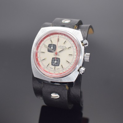 LANCO Armbandchronograph, Schweiz um 1970, Handaufzug, verchr. Metallgeh., Edelstahlboden, silb. Zifferbl. m. silb. Std.-Ind. & Zeigern, 15 ...