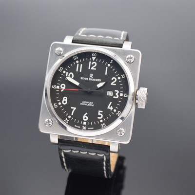 REVUE THOMMEN Airspeed quadratische Herrenarmbanduhr in Stahl, Schweiz um 2015, Automatik, Boden 4-fach verschr., orig. Lederband m. neutr. ...